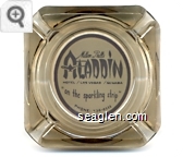Milton Prell's Aladdin Hotel / Las Vegas / Nevada ''on the sparkling strip'' Phone: 736-0111 - Black on white imprint Glass Ashtray