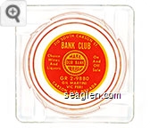 210 South Carson St., Bank Club, Make Our Bank Your Bank, Choice Wines and Liquors, On And Off Sale, GR 2-9880, Gil Martini, Vic Peri, Carson City, Nevada - Yellow on red imprint Glass Ashtray