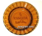 RR Ramada Hotel Casino, 6th and Lake, Reno - Red on yellow imprint Glass Ashtray