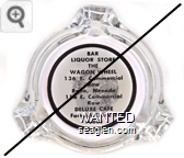Bar, Liquor Store, The Wagon Wheel, 136 E. Commercial Row, Reno, Nevada, 116 E. Commercial Row, Deluxe Cafe, Famous Chinese Foods - Black on white imprint Glass Ashtray